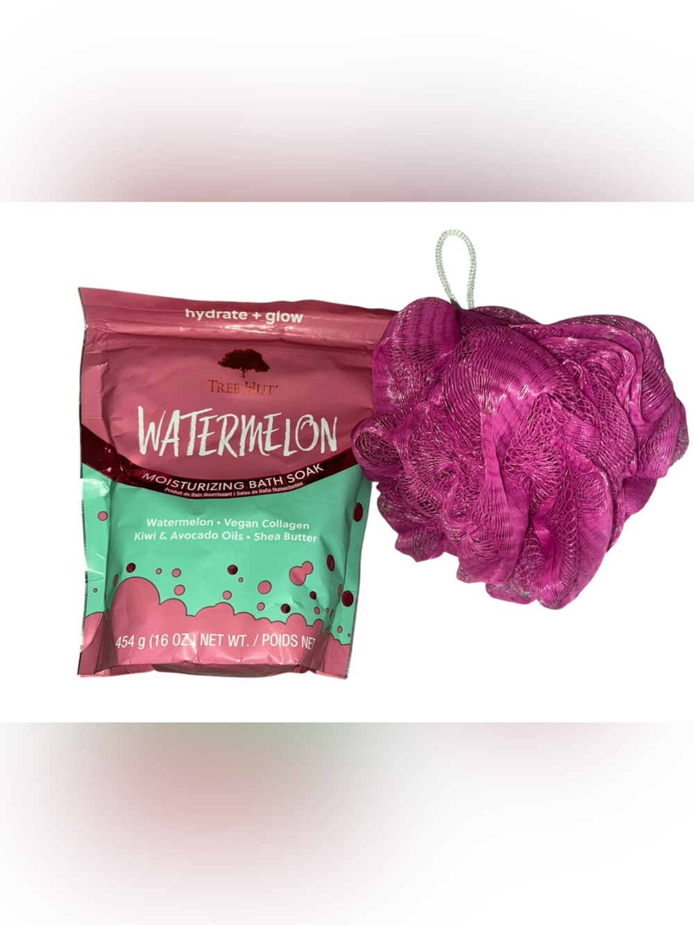 🔵Tree Hut Bath Salts, Moisturizing Bath Soak, Watermelon, + Pink Bath Pouf